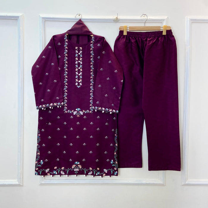 Cross-Stitched Petals Embroidered 3PC (Cotton)D-172