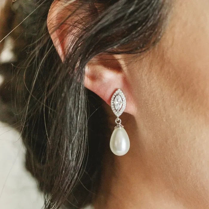 Wedding Jewelry - Pearl and Cubic Zirconia Bridal Earrings - Available in Rose Gold, Silver and Yellow Gold
