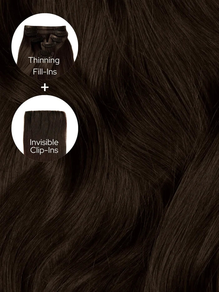 Dark Brown (2A) Thinning Hair and Invisible Clip-ins Bundle