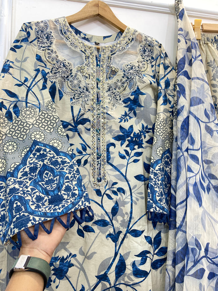 Dazzling Sequins Embroidered 3PC (Premium Cotton) D-162