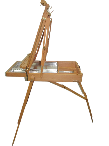 A French box easel made of beech wood, featuring a storage drawer, adjustable metal dividers, and telescoping legs.