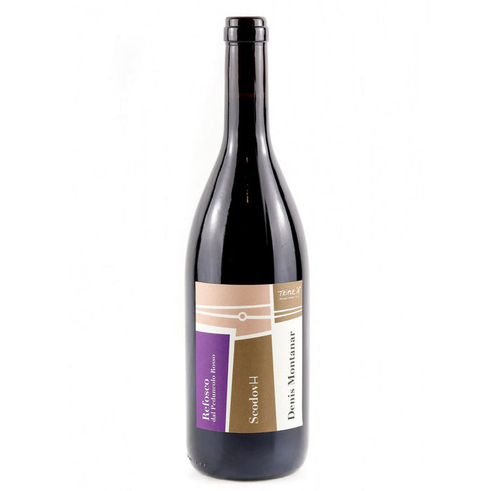 Denis Montanar wine bottle with beige and purple front label, dark glass
