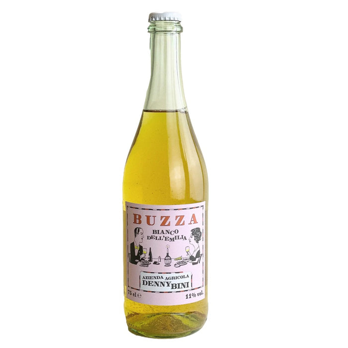 Sparkling white wine bottle with foil cap and BUZZA label, clear straw-colored glass