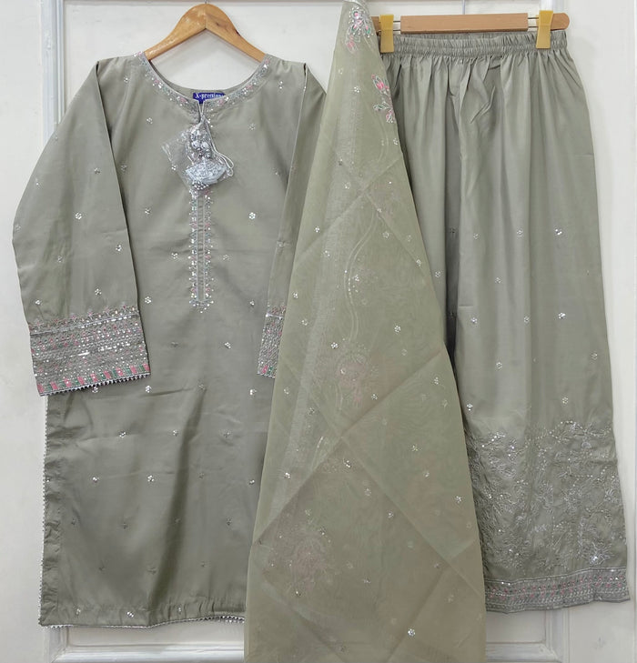 “Dhanak” Embroidered 3PC (Cotton Silk) D-407