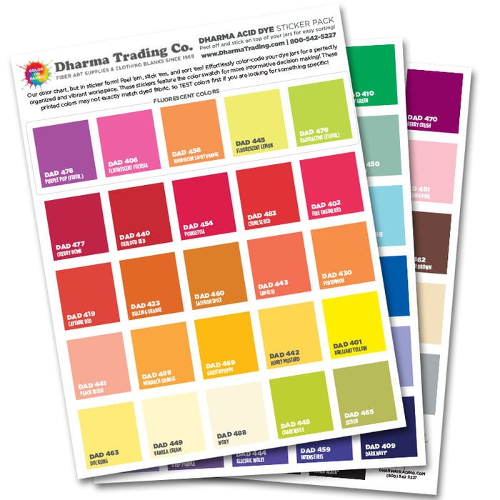 Color swatch sticker sheet set for Dharma Acid Dye Lids in all available colors.