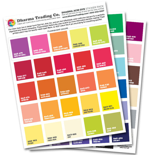 Color swatch sticker sheet set for Dharma Acid Dye Lids in all available colors.