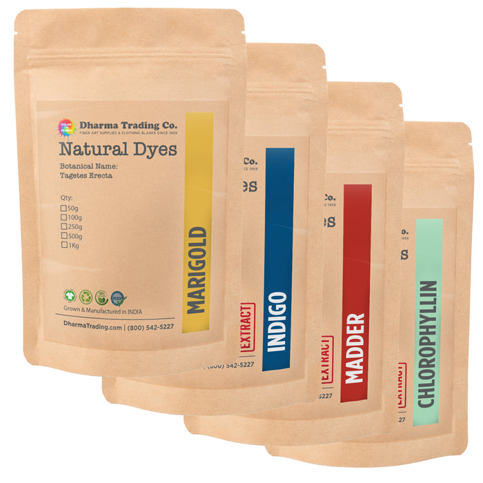 Natural dye products in resealable brown pouches labeled Marigold, Indigo, Madder, and Chlorophyllin.