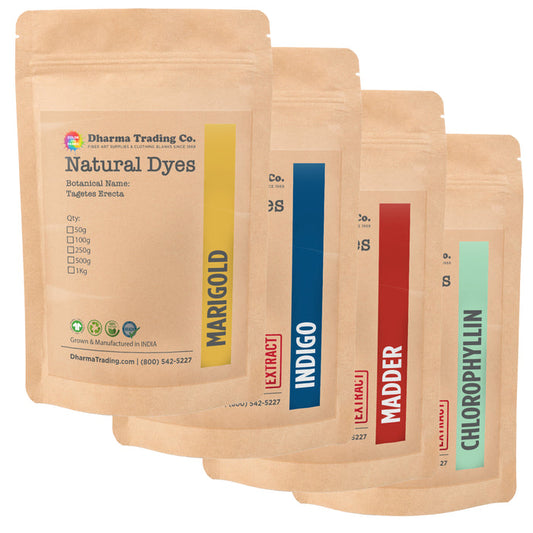 Natural dye products in resealable brown pouches labeled Marigold, Indigo, Madder, and Chlorophyllin.