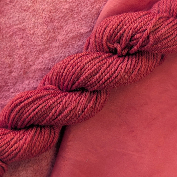 Madder - Rubia tinctorum Dyed examples were done at 50% OWG. We used our Silk Hankies (#SH), our Cotton Bubble Gauze (#CG2-50"), and our Single Sock HT Mini Skeins (#YARN104)