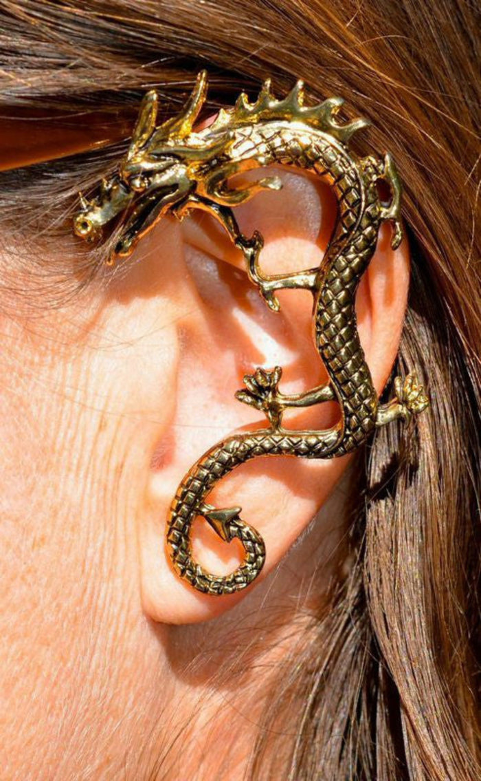 gold dragon ear cuff worn on ear wrap non piercing fantasy jewelry side view