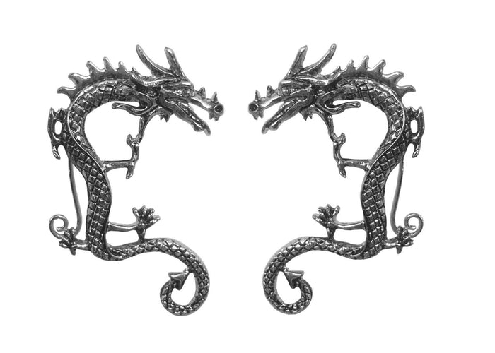 silver dragon ear cuff wrap earrings non piercing fantasy jewelry front view pair