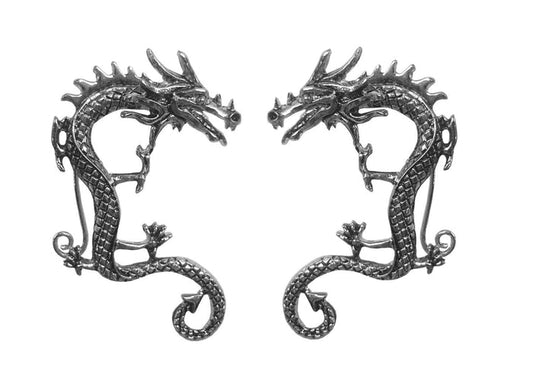 silver dragon ear cuff wrap earrings non piercing fantasy jewelry front view pair