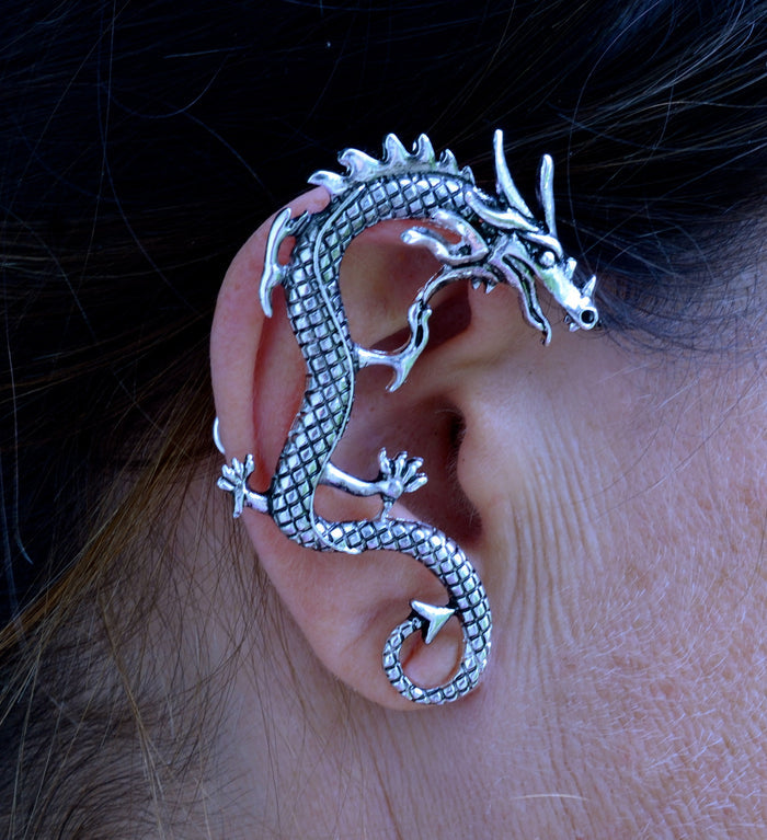 silver dragon ear cuff wrap earrings non piercing fantasy jewelry front view pair