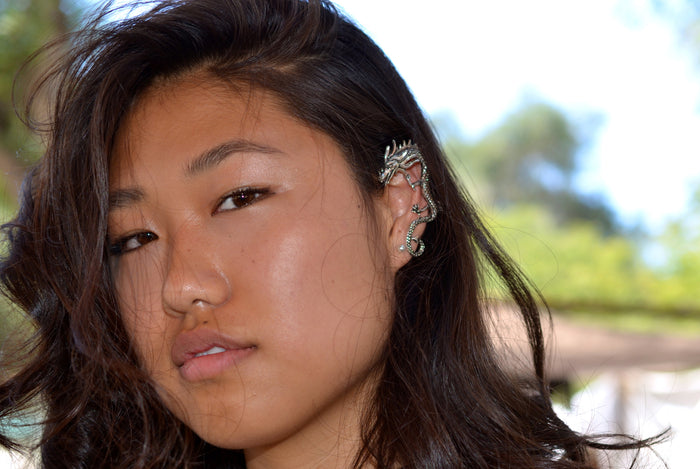 Model wearing Dragon Elf Ear Cuffs - Silver Lightweight Fantasy Jewelry