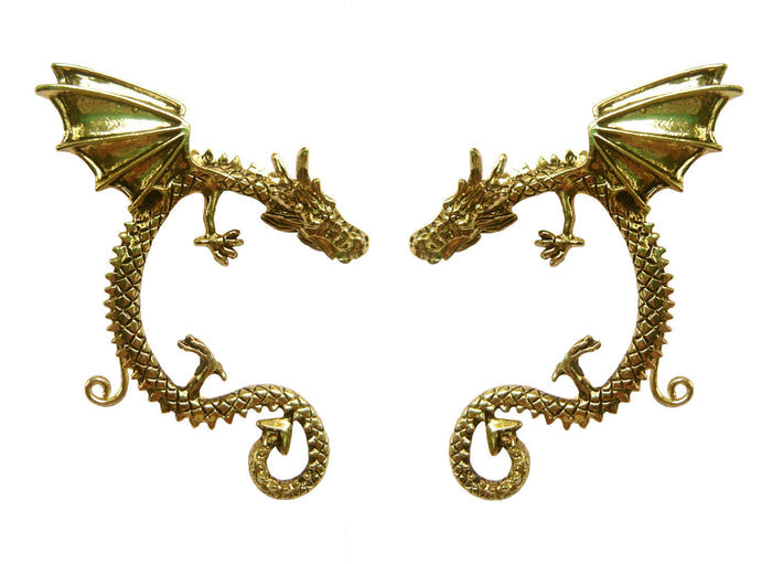 gold dragon ear cuff winged dragon wrap earrings non piercing ear jewelry front view pair