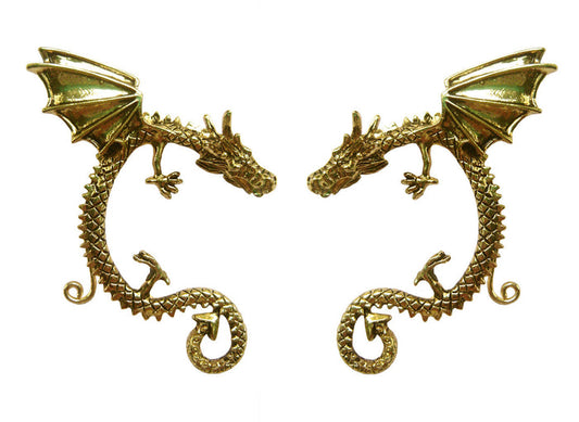gold dragon ear cuff winged dragon wrap earrings non piercing ear jewelry front view pair