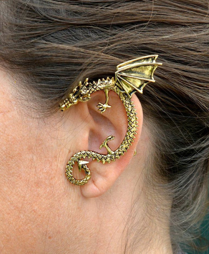 gold dragon ear cuff winged dragon wrap earrings non piercing ear jewelry front view pair