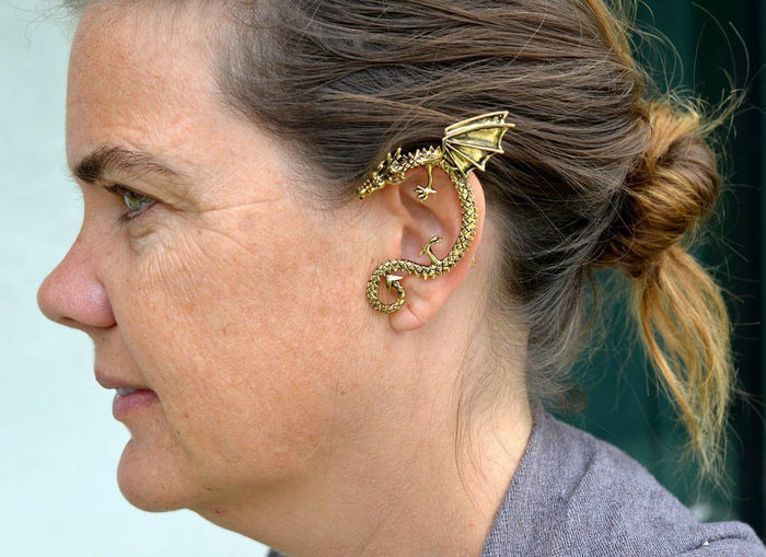 Model wearing Dragon Wing Elf Ear Cuffs - Gold No Piercing Fantasy Earrings