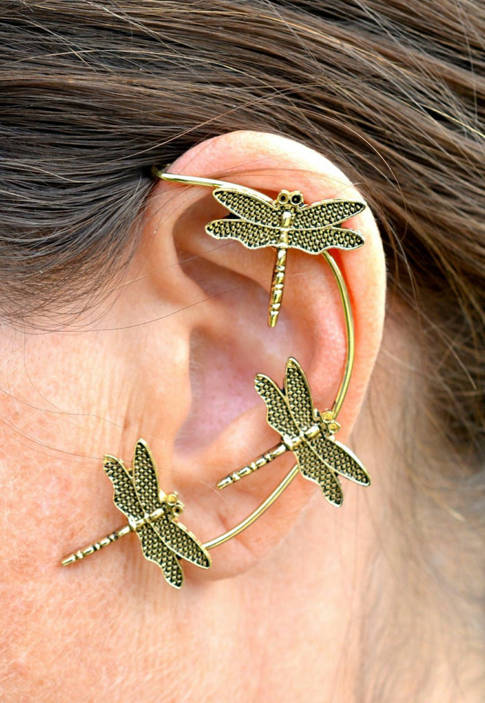 gold dragonfly ear cuff wrap earrings non piercing ear jewelry front view pair