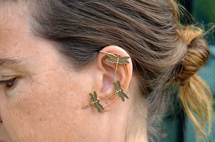 Model wearing Dragonfly Elf Ear Cuffs - Gold Lightweight Non Piercing Jewelry