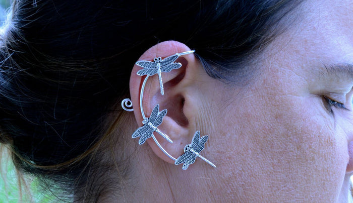 Model wearing Dragonfly Elf Ear Cuffs - Silver Lightweight Fantasy Jewelry