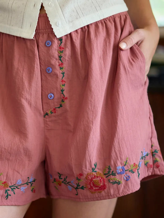 Dream On Embroidered Boxer Shorts - Terracotta-view 1