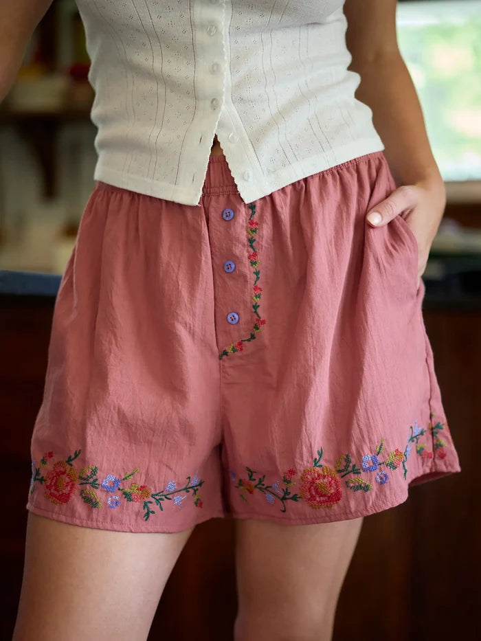 Dream On Embroidered Boxer Shorts - Terracotta-view 3