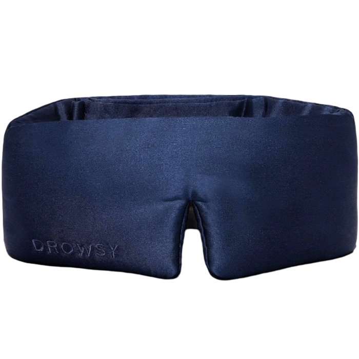 Navy blue sleep mask with 'Drowsy' branding on a white background