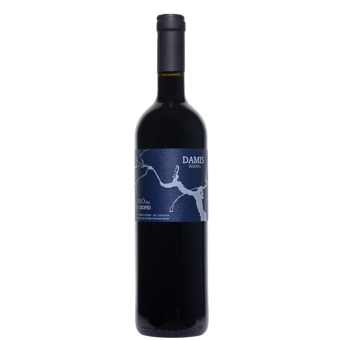 Red wine bottle with dark label and blue map design, black screw cap