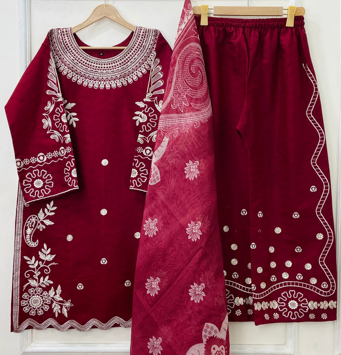 Eid Ensemble Embroidered 3PC (Premium Cotton) D-447