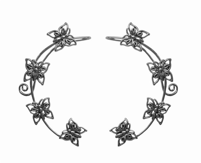 silver butterfly ear cuff wrap earrings non piercing ear jewelry front view pair
