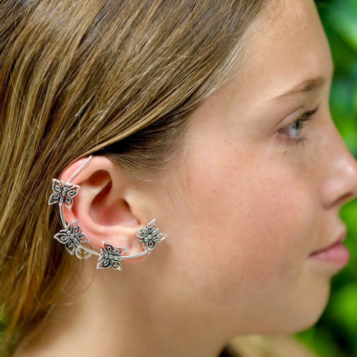 silver butterfly ear cuff worn on ear wrap non piercing earring side view