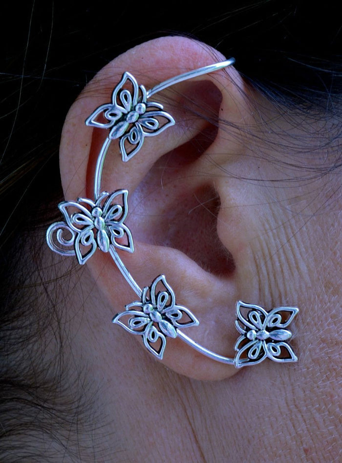 Crescent Moon Butterfly Elf Cuff - Silver Lightweight Ear Jewelry side view