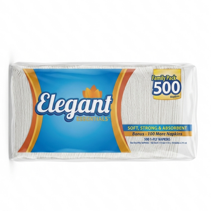 A package of Elegant Essentials soft, strong, and absorbent napkins in a family pack of 500, featuring a blue and orange label on a white background.