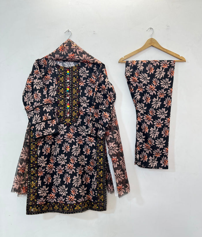 Embroidered 3PC Lawn 02-Black