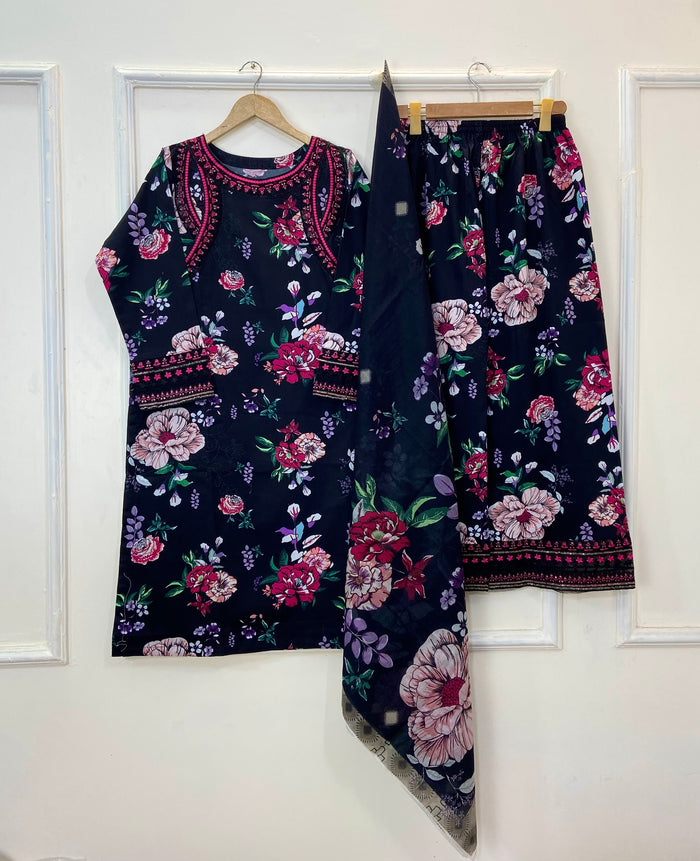 Embroidered Floral Midnight 3PC (Best Seller) (Khaddar) D-208