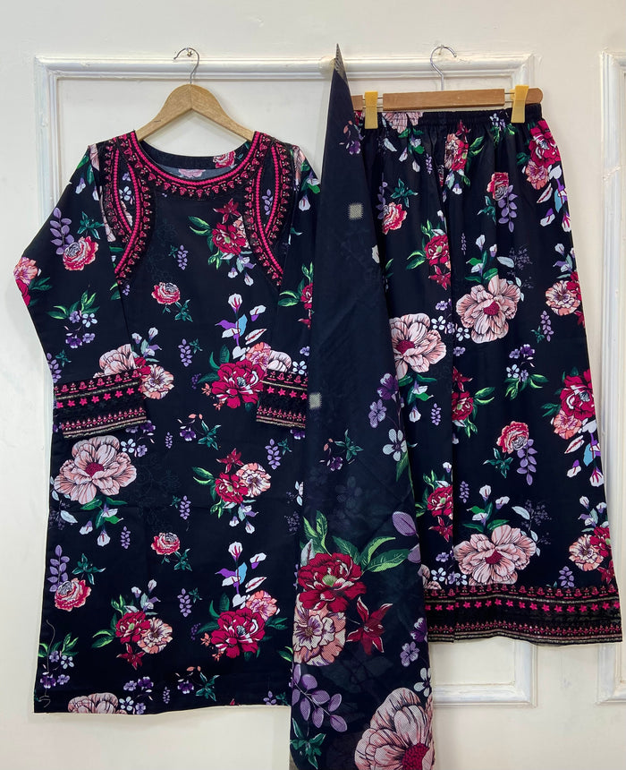 Embroidered Floral Midnight 3PC (Best Seller) (Khaddar) D-208