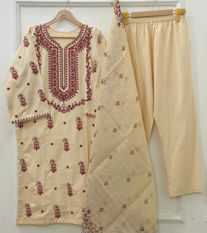 Embroidered Long | 3PC Cotton Lawn D-578