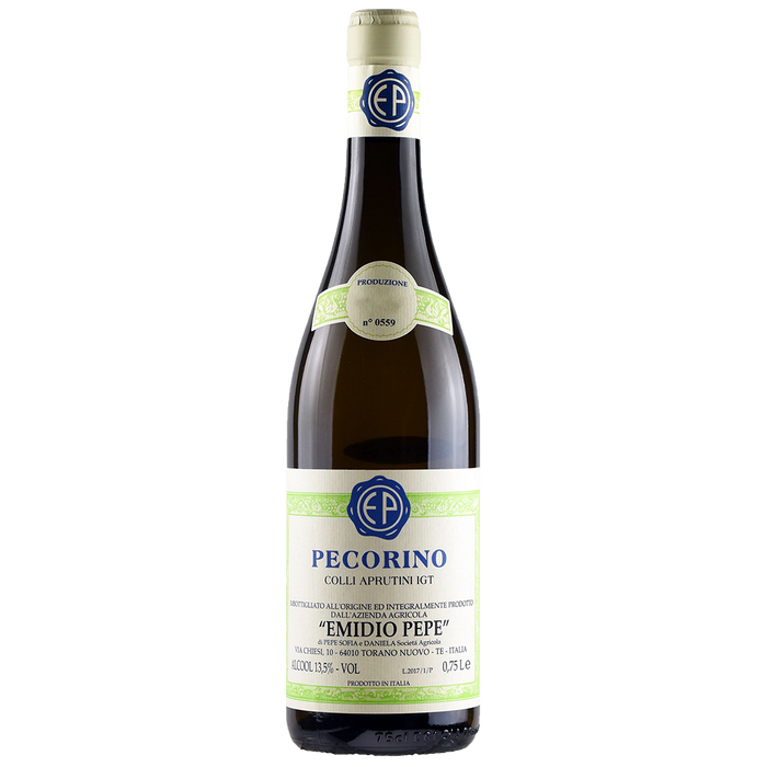 Pecorino wine bottle with green and blue label