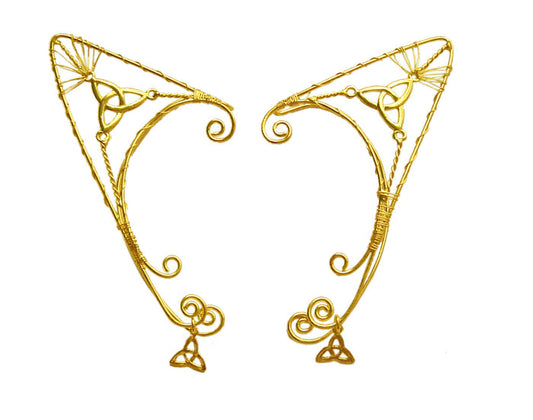 gold elf ear cuff wire wrap trinity knot design non piercing ear jewelry front view pair
