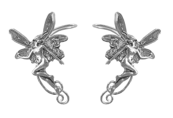 silver fairy elf ear cuff earrings non piercing winged figure ear jewelry front view