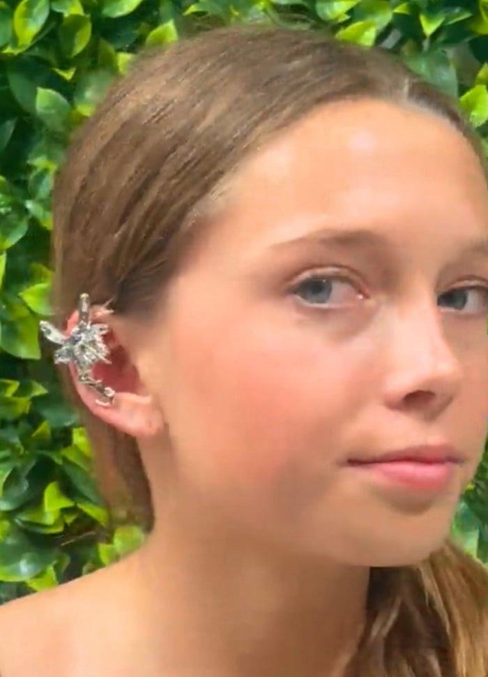 silver fairy elf ear cuff worn on ear non piercing winged ear jewelry side view