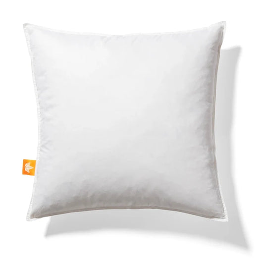 A white square feather pillow insert with a visible brand tag on the bottom corner.