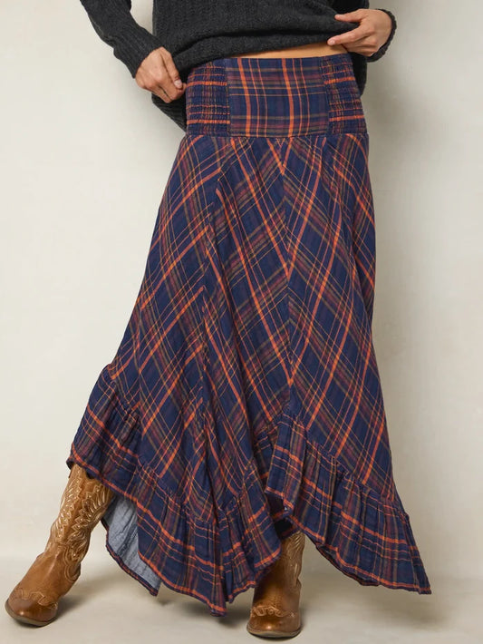 Feelin' Alive Convertible Cotton Midi Skirt - Navy Orange Plaid-view 2