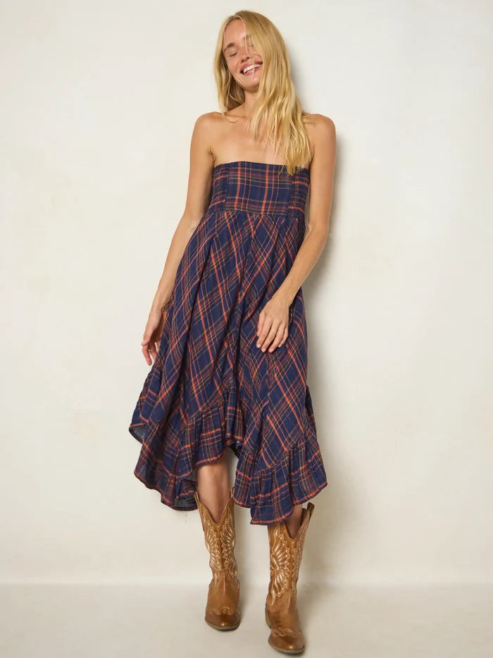Feelin' Alive Convertible Cotton Midi Skirt - Navy Orange Plaid-view 3