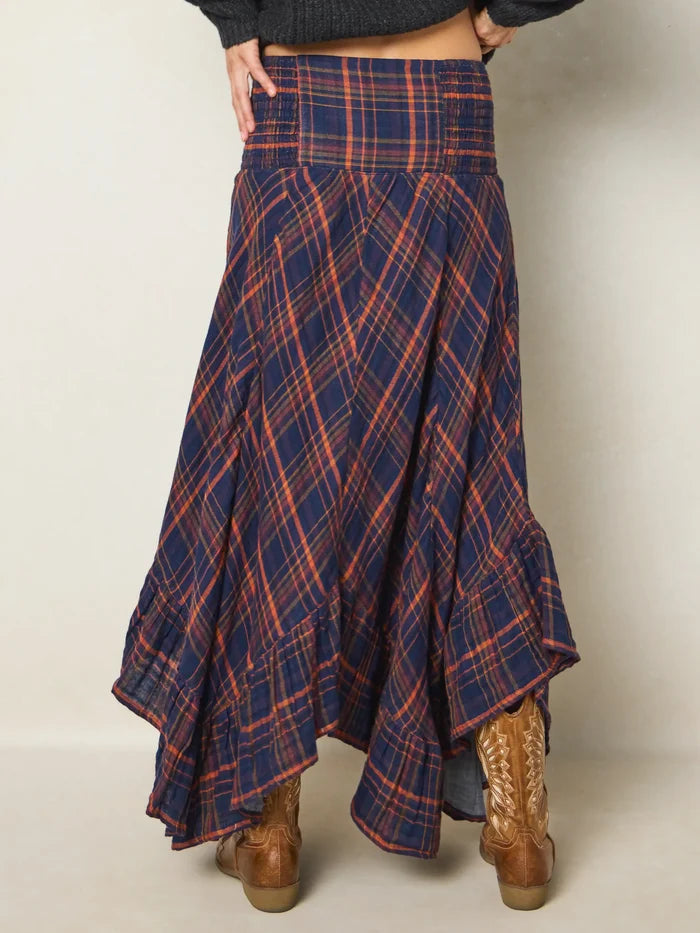 Feelin' Alive Convertible Cotton Midi Skirt - Navy Orange Plaid-view 5