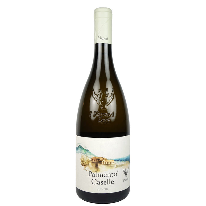 White wine bottle with cream label reading Palmento Caselle
