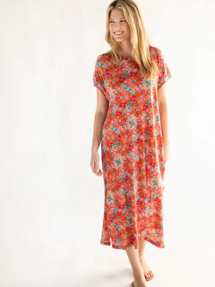 Frankie Knit Cotton Tee Midi Dress - Pink Red Floral-view 2
