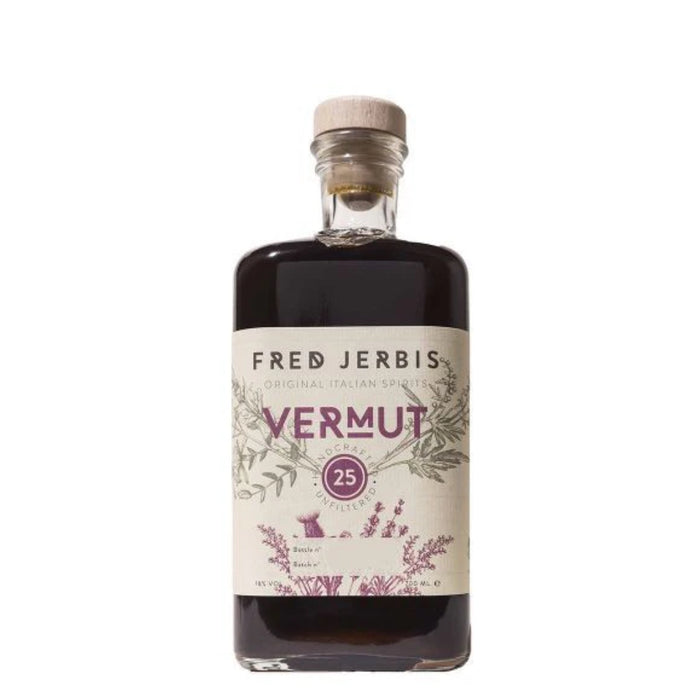 Front view Fred Jerbis vermut 25 bottle with cork and label