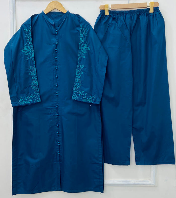 Front-Open Embroidered 2PC (Premium Cotton) D-406